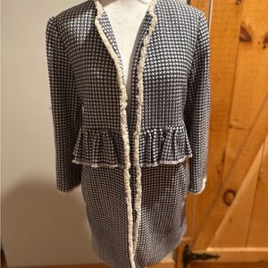 Zara Navy Houndstooth Tweed Fringe Peplum Jacket, L